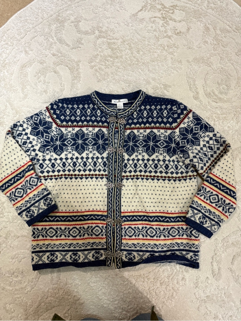 Susan Bristol 100% Wool Fair Isle Nordic Cardigan L Metal Clasps Blue Cream - Picture 2 of 7